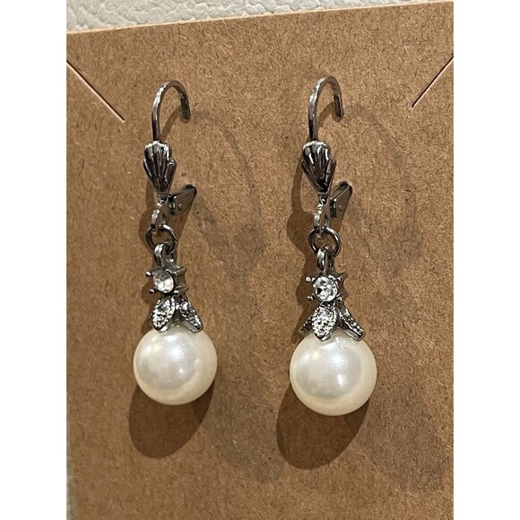 Vintage Pearl Drop Silver Hook Pierced Earrings Victorian Goth Regency - Picture 3 of 8